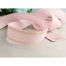 Лента репсовая 25 мм "Горошек с полосками на розовом"